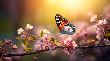 A magical moment in a beautiful spring meadow, with a branch adorned in full bloom and an exotic butterfly gracing the scene, harmoniously captured by the lens of an HD camera.