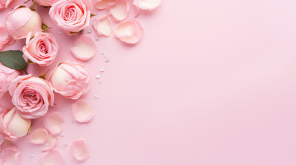 Enchanting top view photo showcasing the beauty of budding pink peony rose buds and delicate sprinkles on an isolated pastel pink background,