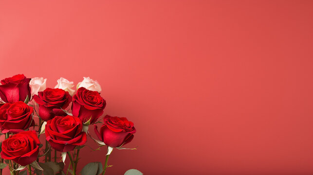 Enchanting display of red roses on a pale red background, offering a captivating and timeless image with copyspace