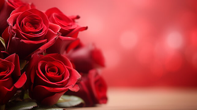 Enchanting display of red roses on a pale red background, offering a captivating and timeless image with copyspace, 