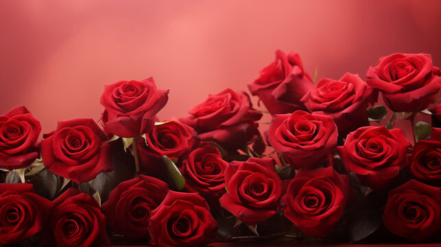 Enchanting display of red roses on a pale red background, offering a captivating and timeless image with copyspace, .