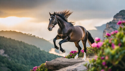 Czarny koń skaczący nad urwiskiem, magiczna godzina, piękne kolory dnia - obrazy, fototapety, plakaty
