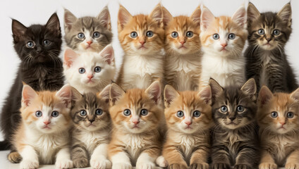 many cute different funny fluffy kittens on a light background