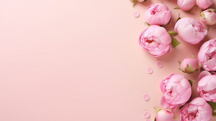 Serene top view capture of budding pink peony rose buds and tastefully arranged sprinkles on a gentle pastel pink background, 