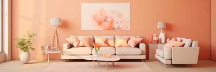 Modern fashionable interior in soft peach color, peach sofa near the window, banner