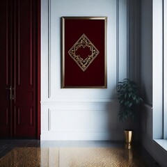 A mockup poster in an empty frame made of polished brass, randomly colored in a rich gold, hung on a deep red wall with warm undertones and a patterned tile floor in an empty room.

