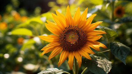 Single sunflower delicately placed in its natural environment, surrounded by the lushness of nature, captured in high definition to reveal the intricate details of its petals.