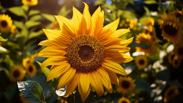 Single sunflower delicately placed in its natural environment, surrounded by the lushness of nature, captured in high definition to reveal the intricate details of its petals.