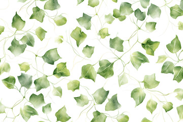 Watercolor ivy leaves and vines pattern on white background
