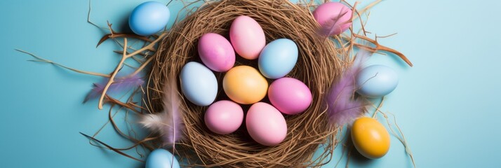 Fototapeta na wymiar Multicolored pastel Easter eggs in a nest, top view, Happy Easter, banner