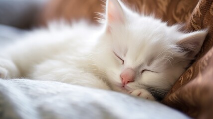 White kitten sleeping peacefully on a fluffy surface