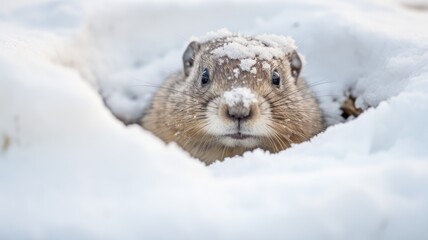 A curious prairie dog, groundhog with snow on its head peering out of a snow hole - obrazy, fototapety, plakaty