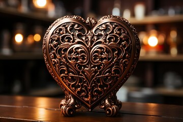 Antique heart sculpture with elaborate patterns on a wooden surface