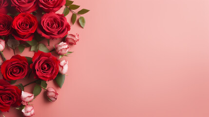 Whimsical top view of red roses on a pastel red background, providing a dreamy and enchanting image with copyspace, capturing the essence of nature's beauty in high definition.