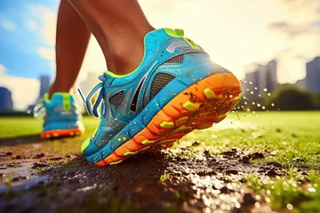 Foto op Plexiglas closeup shoes running Runner shoe woman city new york central park urban exercise fitness foot training jogging physical jogger autumn leg fit female athlete action fall flare girl athletic sunny © akkash jpg