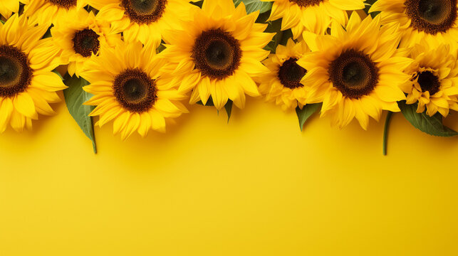 Whimsical top view of sunflowers artistically arranged on a vibrant yellow surface, creating an enchanting and cheerful composition with ample copy space,