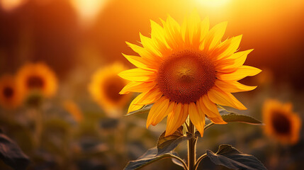 A solitary sunflower, bathed in the warm glow of sunlight, set against a backdrop of natural beauty, captured with precision by an HD camera to convey the elegance of nature.