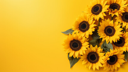 A stunning top view photograph of sunflowers against a cheerful yellow backdrop, creating a visually appealing and vibrant composition with generous  - obrazy, fototapety, plakaty