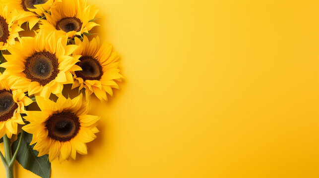 A stunning top view photograph of sunflowers against a cheerful yellow backdrop, creating a visually appealing and vibrant composition with generous copy space, 