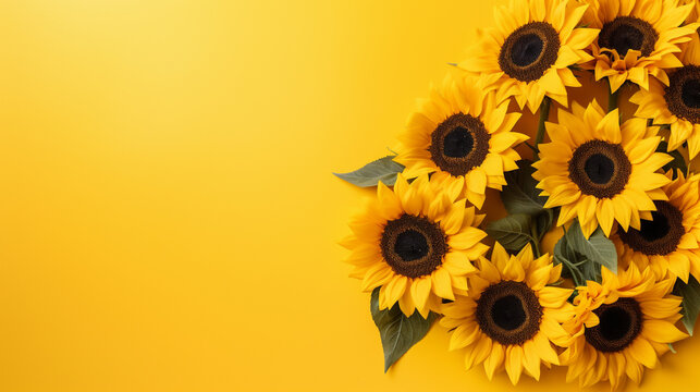A stunning top view photograph of sunflowers against a cheerful yellow backdrop, creating a visually appealing and vibrant composition with generous 