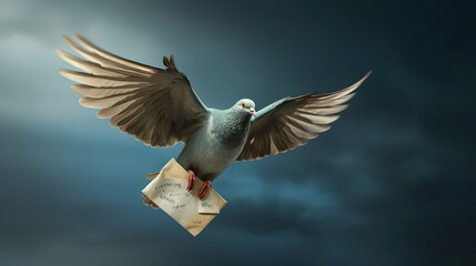 Mail pigeon. White dove delivers messages letters. Carrier pigeon with envelope. Winged delivery service. World peace concept. Flying bird.