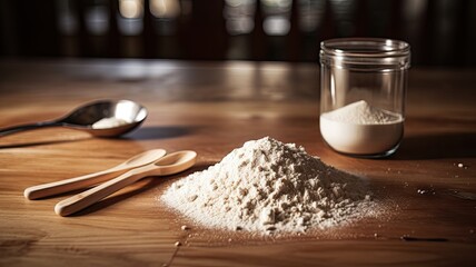 a heaping measuring scoop filled with protein shake powder resting on a wooden table surface, with...