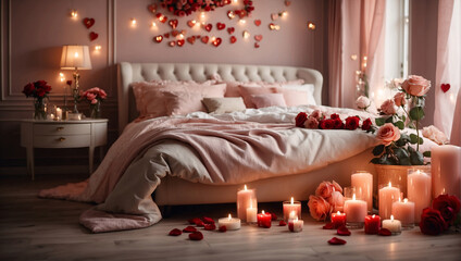 Bed in bedroom is decorated with hearts, candles and roses, embodying the romance of Valentine's...
