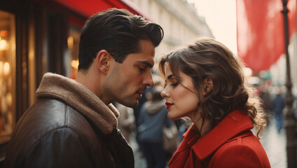 A romantic atmosphere fills the air of the streets. A beautiful couple in love kisses on the street...