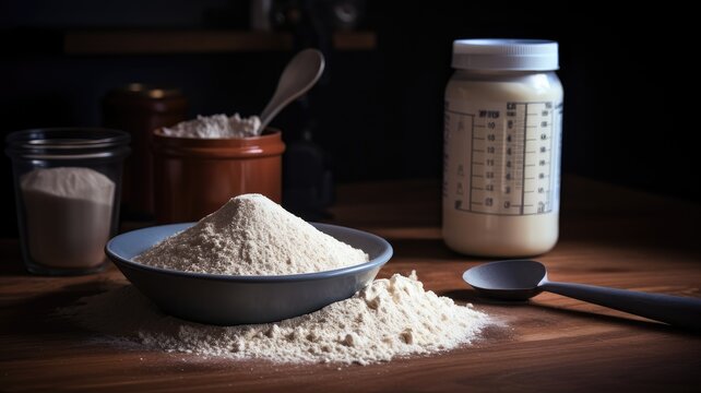 a heaping measuring scoop filled with protein shake powder resting on a wooden table surface, with spilled protein powder, embodies fitness diet and athletic performance nutrition.