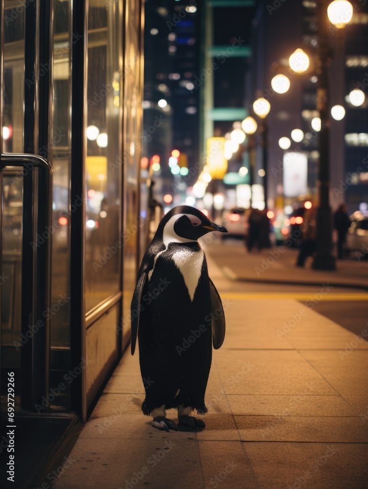 Poster a penguin standing on the sidewalk in front of a building. generative ai.