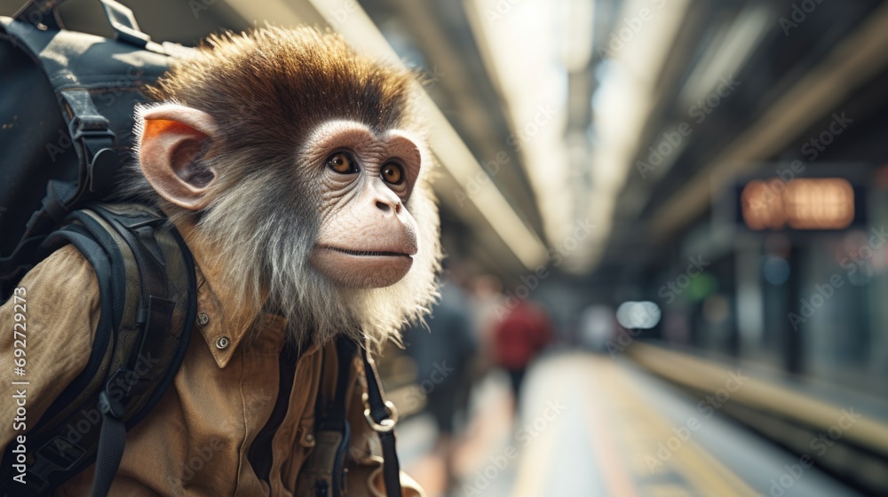 Aufkleber a monkey with a backpack on a train platform. generative ai.