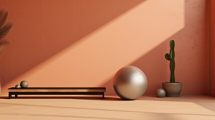 a fitness ball, weightel, towel, fitness mat, a bottle of water, and sneakers neatly arranged near a beige wall, leaving ample free space for text in a minimalist modern style.