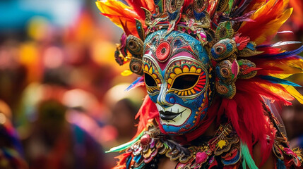 copy space, Colorful masks of street dance parade performer during Masskara Festival at Bacolod...