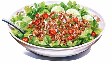 Delicious Lao Larb: Spicy Minced Meat Salad on White Background AI Generated