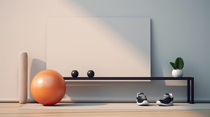 a fitness ball, weightel, towel, fitness mat, a bottle of water, and sneakers neatly arranged near a beige wall, leaving ample free space for text in a minimalist modern style.