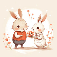 Loving bunny couple offering flowers