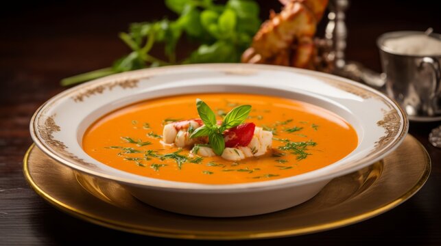 lobster bisque soup served in a delicate bowl, high quality, 16:9