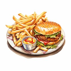 Delicious American Cheeseburgers with Fries on White Background AI Generated