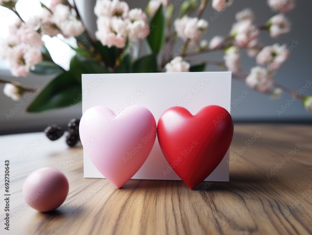 Poster two red and pink hearts on a table with a card. generative ai.