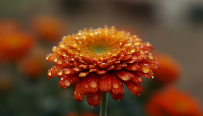 Vibrant gerbera daisy blossom, wet with dew, in formal garden generated by AI