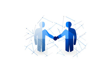 Two stylized figures shaking hands with a digital network background