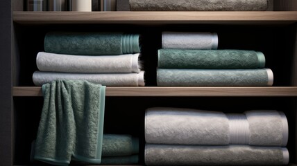 neatly folded fluffy towels in a closet within a lavish sports shower or spa pool, a minimalist modern composition that exudes the essence of opulence and tranquility.