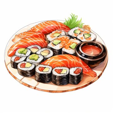 Delicious Traditional Japanese Sushi Rolls and Sashimi on White Background AI Generated