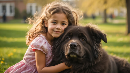 portrait of a little girl hugging a big dog on the lawn, sun