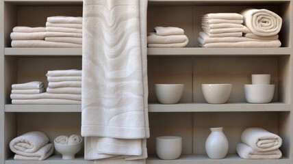 Fototapeta na wymiar neatly folded fluffy towels in a closet within a lavish sports shower or spa pool, a minimalist modern composition that exudes the essence of opulence and tranquility.