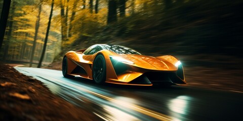 Bright yellow futuristic car driving in forest with high speed, blurred background