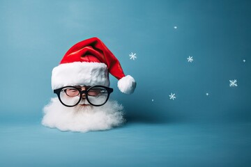 lay Fl view top background blue glasses beard hat Santa flyer invitation card Greeting composition christmas Creative merry new year flier turquoise art holiday festive poster banner winter up high - obrazy, fototapety, plakaty