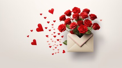 red roses, gypsophila, an envelope, and hearts on a light background, a minimalist modern composition for a Valentine's Day concept, providing ample empty space for text or invitations.