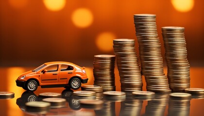 Stack of coins next to a car. Concept: Car purchase, lease, and auto financing