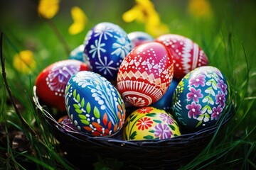 A delightful composition showcasing a basket brimming with Easter eggs in an array of colors, surrounded by the enchanting beauty of spring blooms, creating a vivid and festive tableau